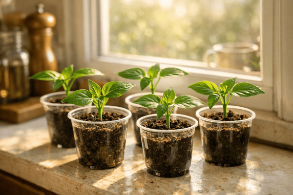 Рассада перца в пластиковых стаканчиках на подоконнике